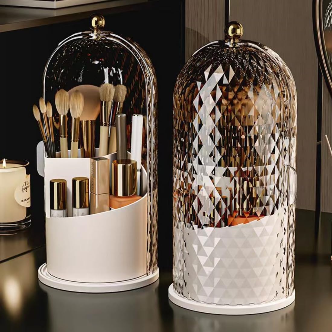 Rotating Makeup Brushes Organizer Case Diamond White