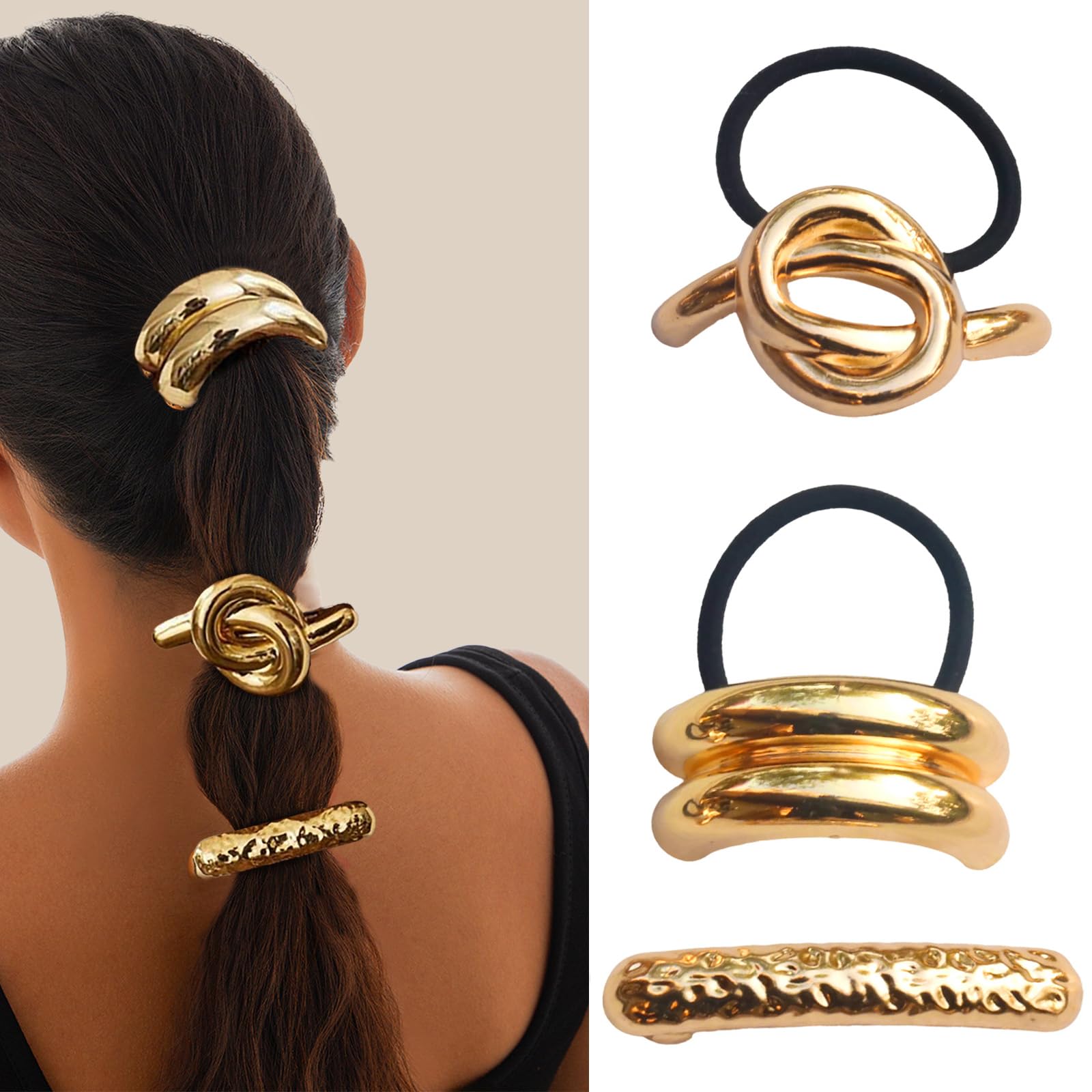 Gold Metal Hair Ties Ponytail Holders Hair 3PCS